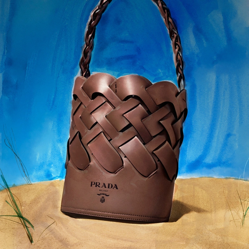 Prada's Posts | Wearing: Prada Woven Leather Bucket Bag In Cognac