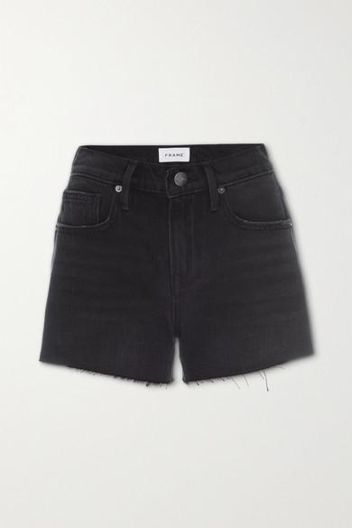 FRAME Le Grand Garcon Frayed Denim Shorts In Film Noir