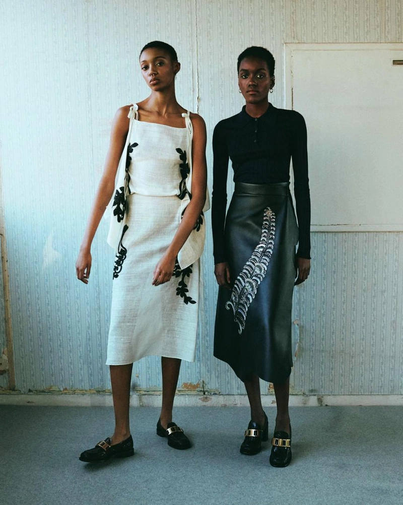 Prada's Posts | Wearing: Prada Slubbed Toile Dress In White; Prada Sequin Embellished Wrap Skirt In Black