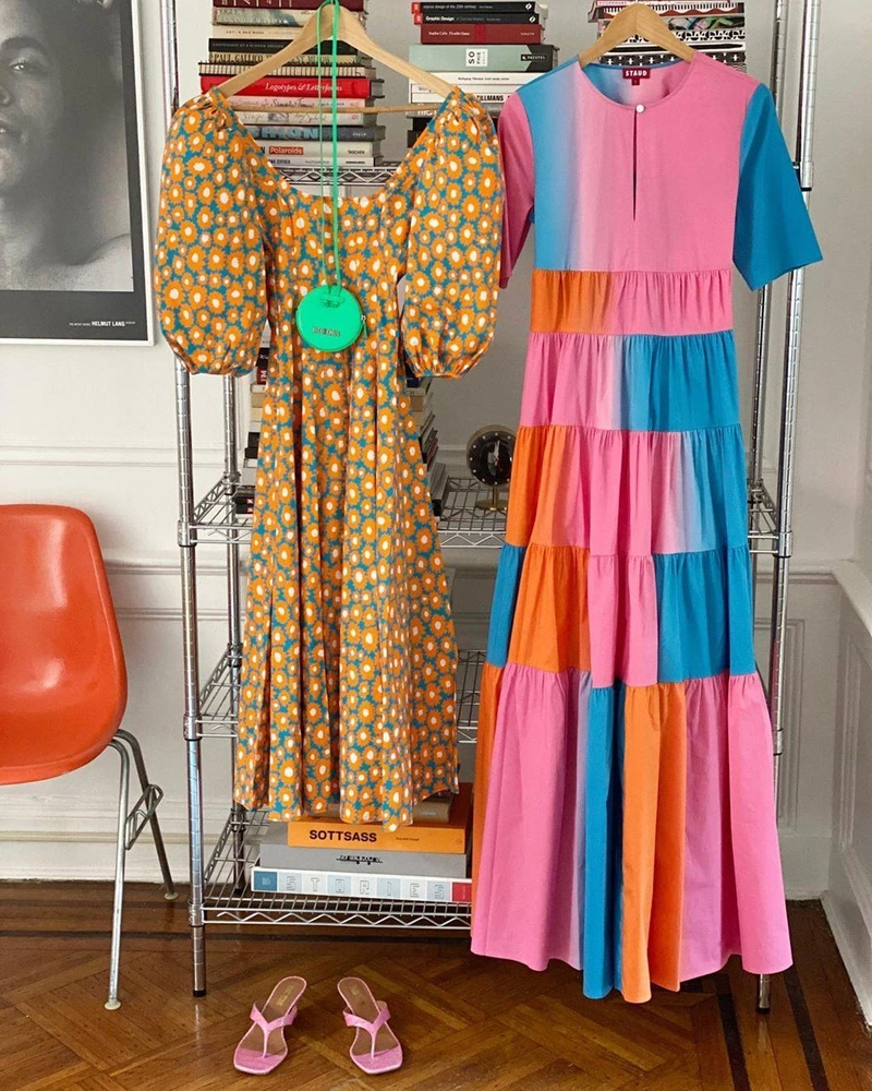 shopbop.com's Posts | Wearing: Staud Cocoon Dress In Hibiscus Multi; Staud Swells Dress In Blue Orange Daisy