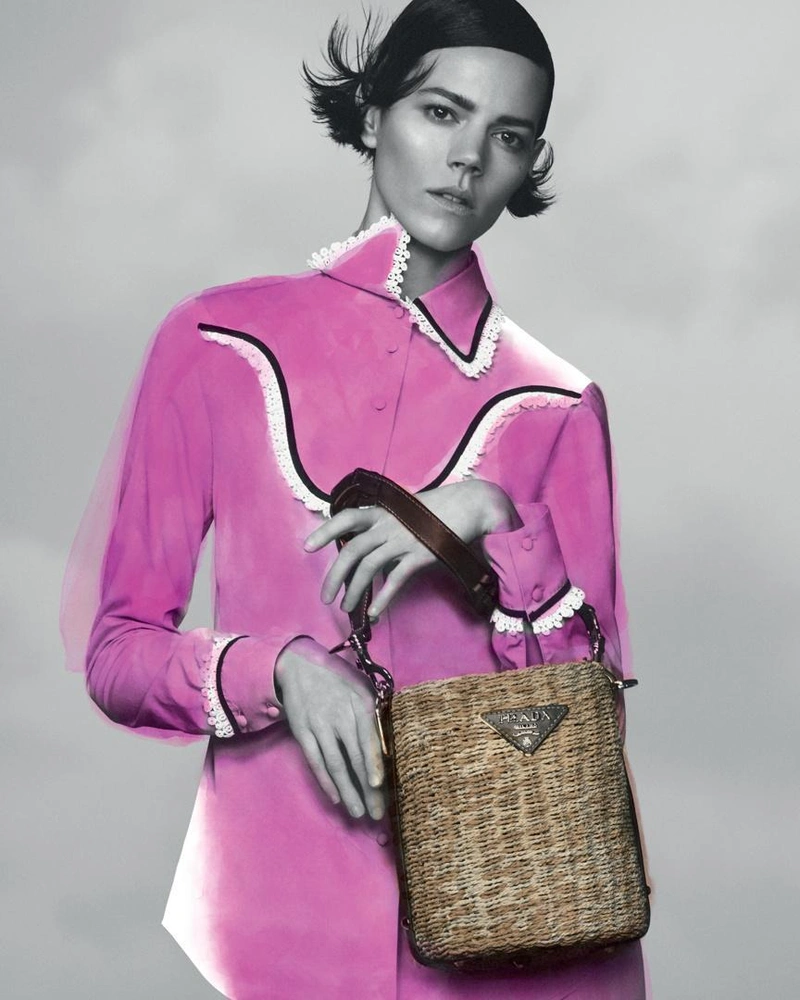 Prada's Posts | Wearing: Prada Braided Raffia Bucket Bag In Beige