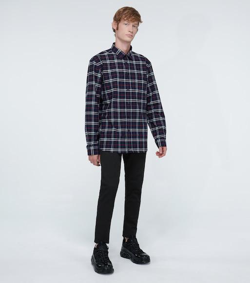 BURBERRY Embroidered Detail Check Cotton Shirt In Navy