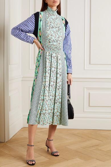 PRADA Pintucked Pleated Printed Cotton-poplin And Crepe De Chine Midi Dress